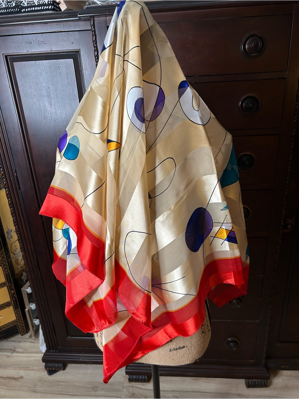Silky Abstract Print Scarf in Cream with Red Trim